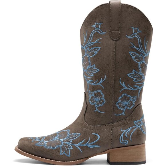 Dream Pairs Women's Dark Brown  Cowboy Boots Square Toe Embroidered Mid Calf - Picture 4 of 6